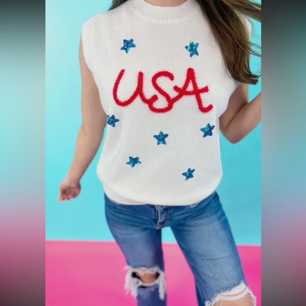 USA White Sleeveless Sweater with Red and Blue Accents & stars